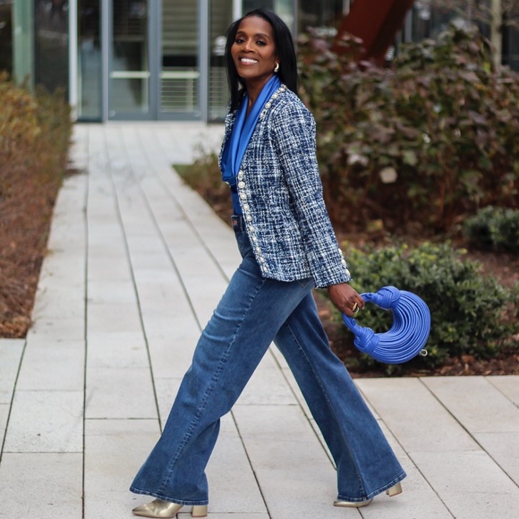 New Boston Proper Pearl Trim Tweed Parisian Jacket Navy Multi- Stunning - Picture 2 of 13